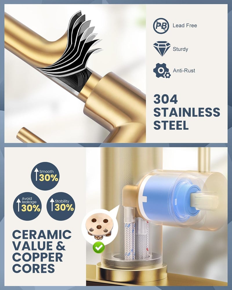 WOWOW Kitchen Faucet with Air Gap: Stainless Steel Kitchen Sink Faucet and Dishwasher Air Gap Kits for Kitchen Sink 2 or 4 Hole, Brushed Gold Kitchen Faucet Combo with Sprayer - Image 4